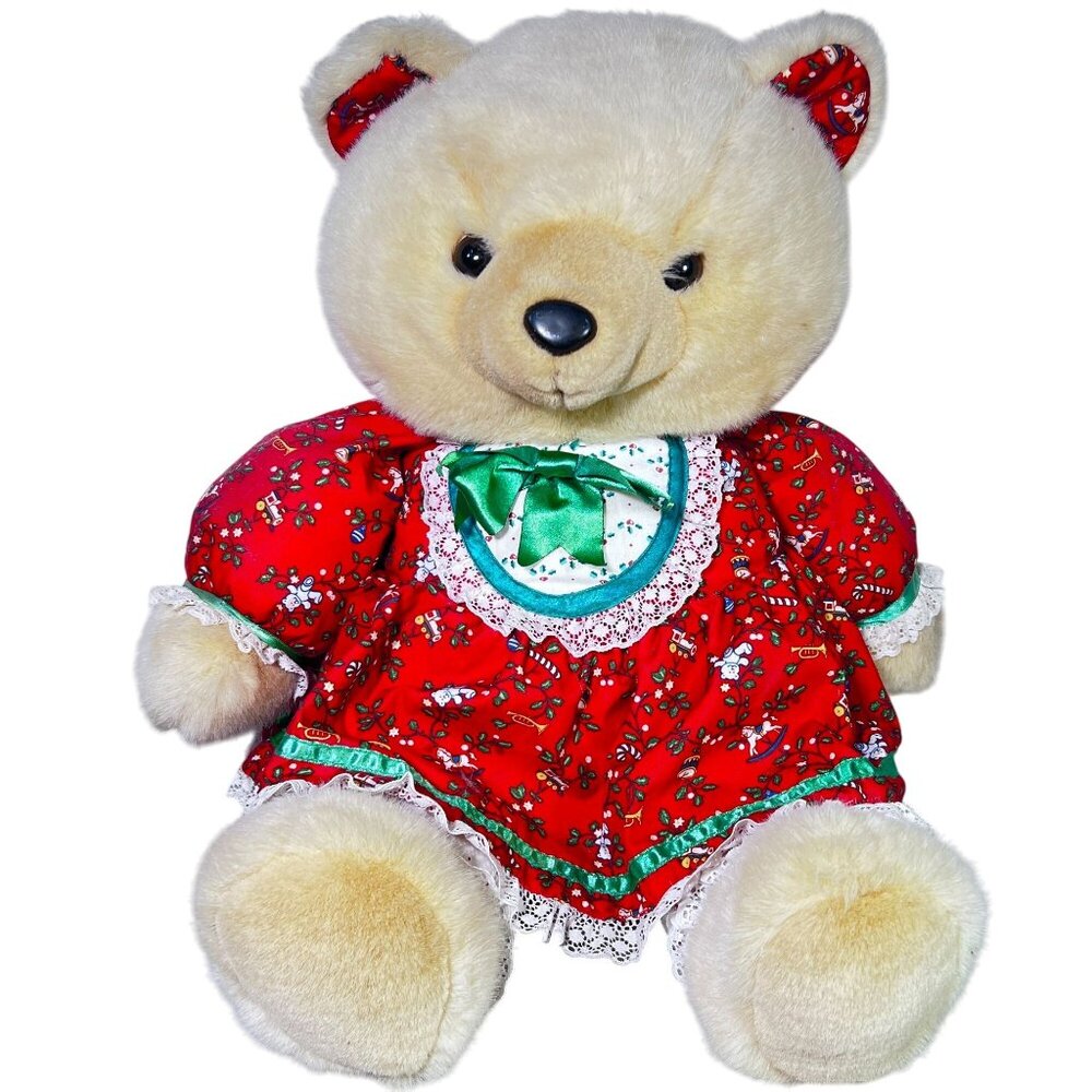 1986 K-Mart Plush Bear Red Floral‎ Dress Lace Trim Bow Vintage 23"